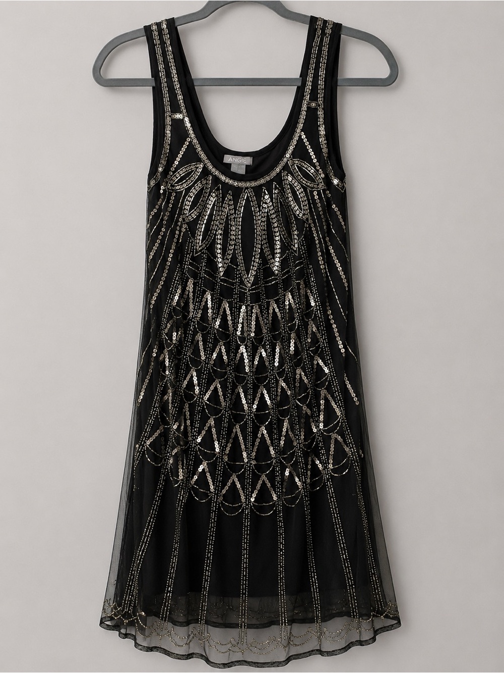 ANGIE Black Beaded Sequin Sleeveless Mesh Cocktail Dress XS Art Deco Party